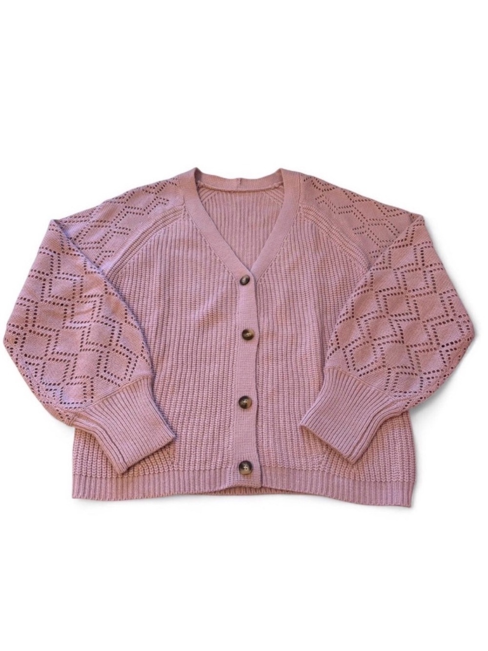 Chunky Knit Pastel Pink Cardigan Sweater Women’s Medium Cottage Coquette Button